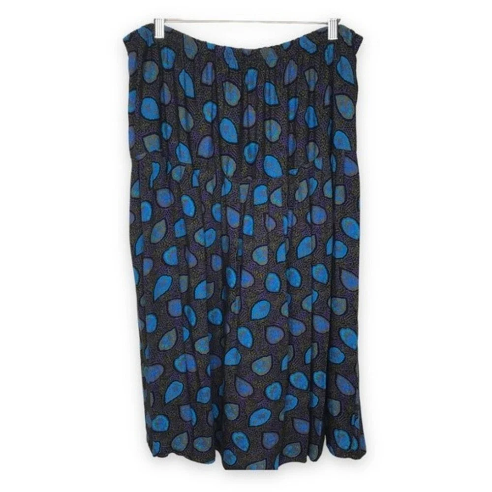 Vintage Queens Plaza Rayon Elastic Waist Drop Yoke Blue Women Midi Skirt Size 20